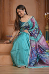 Shubh Lakshmi ~ Handloom Matka Tussar Silk Saree with Floral Handpaint in Sky Blue