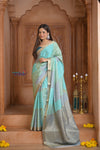 Shubh Lakshmi ~ Handloom Pure Mysore Silk Crepe Saree in Shades of Sky Blue (Silk Mark Certified)