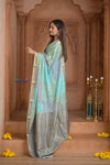 Shubh Lakshmi ~ Handloom Pure Mysore Silk Crepe Saree in Shades of Sky Blue (Silk Mark Certified)