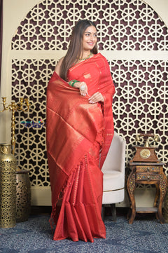 Shubh Lakshmi 2.0 ~ Handloom High Quality Pure Soft Silk Saree in Daylight Red (Silk Mark Certified)