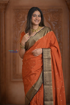 Shubh Lakshmi ~ Handloom Pure Mysore Silk Crepe Saree in Orange and Brown (Silk Mark Certified)