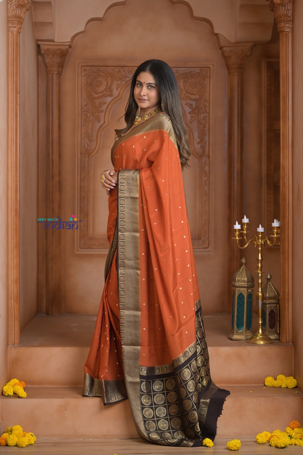 Shubh Lakshmi ~ Handloom Pure Mysore Silk Crepe Saree in Orange and Brown (Silk Mark Certified)