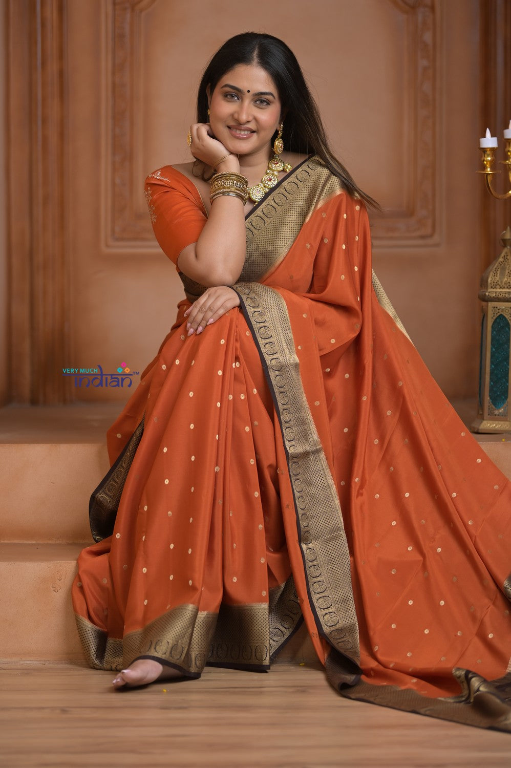 Shubh Lakshmi ~ Handloom Pure Mysore Silk Crepe Saree in Orange and Brown (Silk Mark Certified)