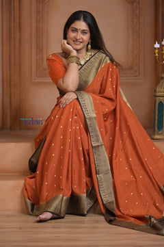 Shubh Lakshmi ~ Handloom Pure Mysore Silk Crepe Saree in Orange and Brown (Silk Mark Certified)