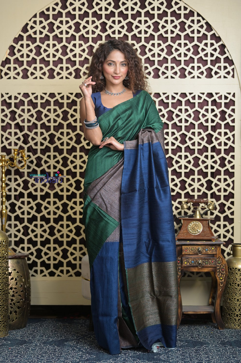 Shubh Lakshmi 2.0 ~ Handloom High Quality Pure Raw Silk Saree in  Green and Blue (Silk Mark Certified)