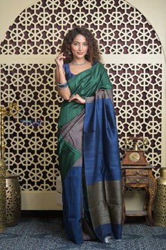 Shubh Lakshmi 2.0 ~ Handloom High Quality Pure Raw Silk Saree in  Green and Blue (Silk Mark Certified)