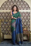 Shubh Lakshmi 2.0 ~ Handloom High Quality Pure Raw Silk Saree in  Green and Blue (Silk Mark Certified)