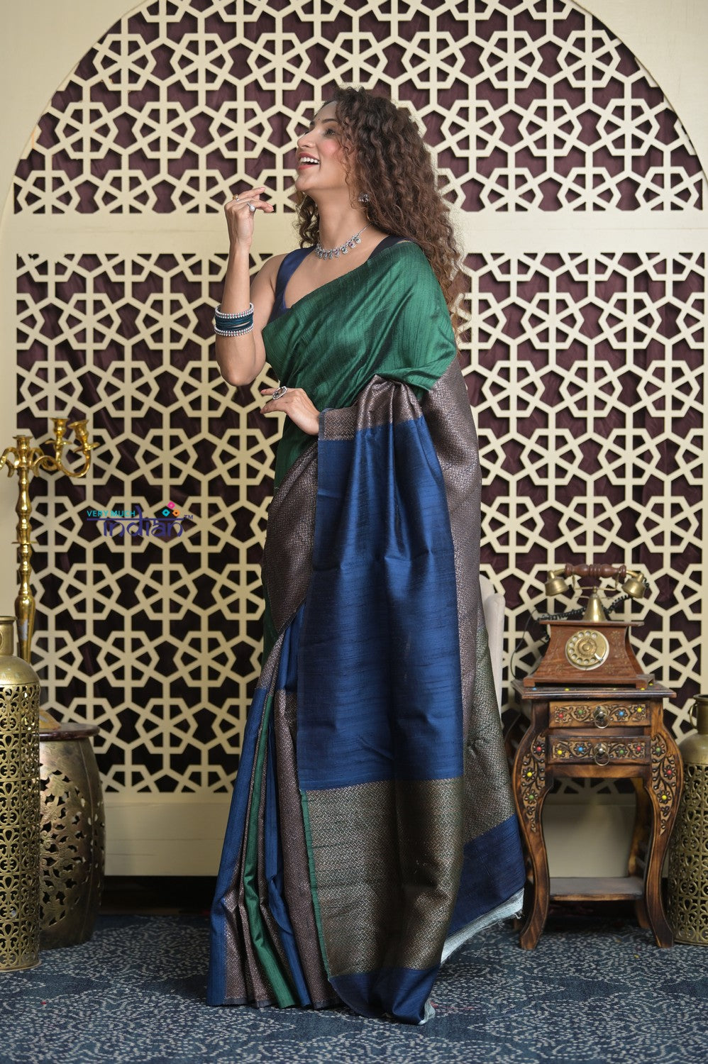 Shubh Lakshmi 2.0 ~ Handloom High Quality Pure Raw Silk Saree in  Green and Blue (Silk Mark Certified)