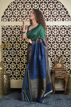 Shubh Lakshmi 2.0 ~ Handloom High Quality Pure Raw Silk Saree in  Green and Blue (Silk Mark Certified)