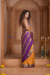 Shubh Lakshmi ~ Handloom Pure Mysore Silk Crepe Saree in Yellow and Purple (Silk Mark Certified)