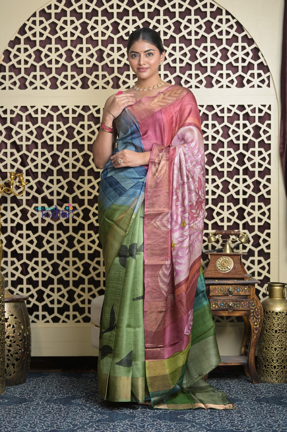 Shubh Lakshmi 2.0~ Handloom Tussar Silk Saree with Handpainted Pallu in Multicolor Pink