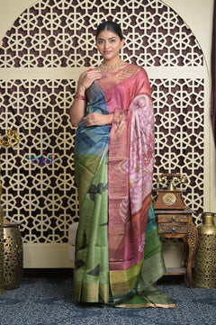 Shubh Lakshmi 2.0~ Handloom Tussar Silk Saree with Handpainted Pallu in Multicolor Pink