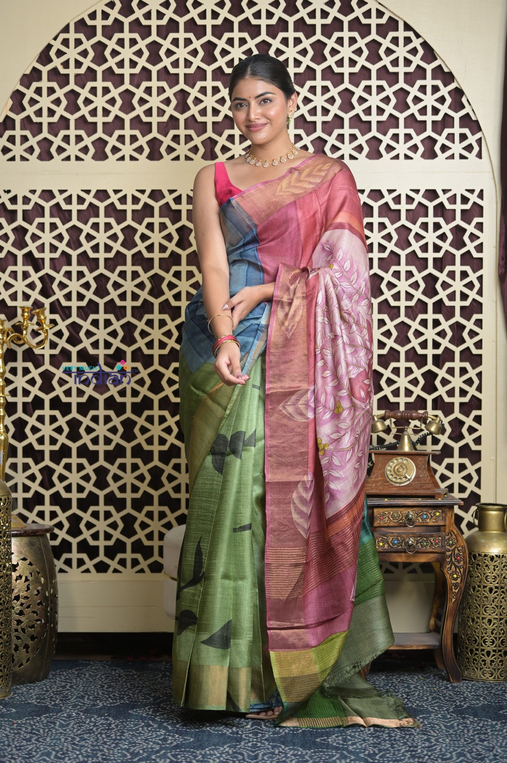 Shubh Lakshmi 2.0~ Handloom Tussar Silk Saree with Handpainted Pallu in Multicolor Pink