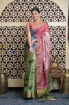 Shubh Lakshmi 2.0~ Handloom Tussar Silk Saree with Handpainted Pallu in Multicolor Pink