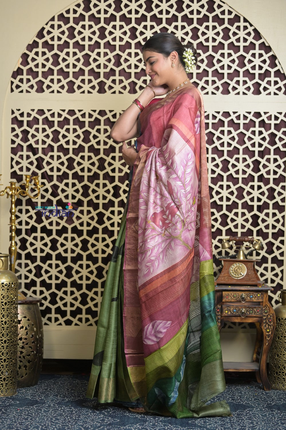 Shubh Lakshmi 2.0~ Handloom Tussar Silk Saree with Handpainted Pallu in Multicolor Pink