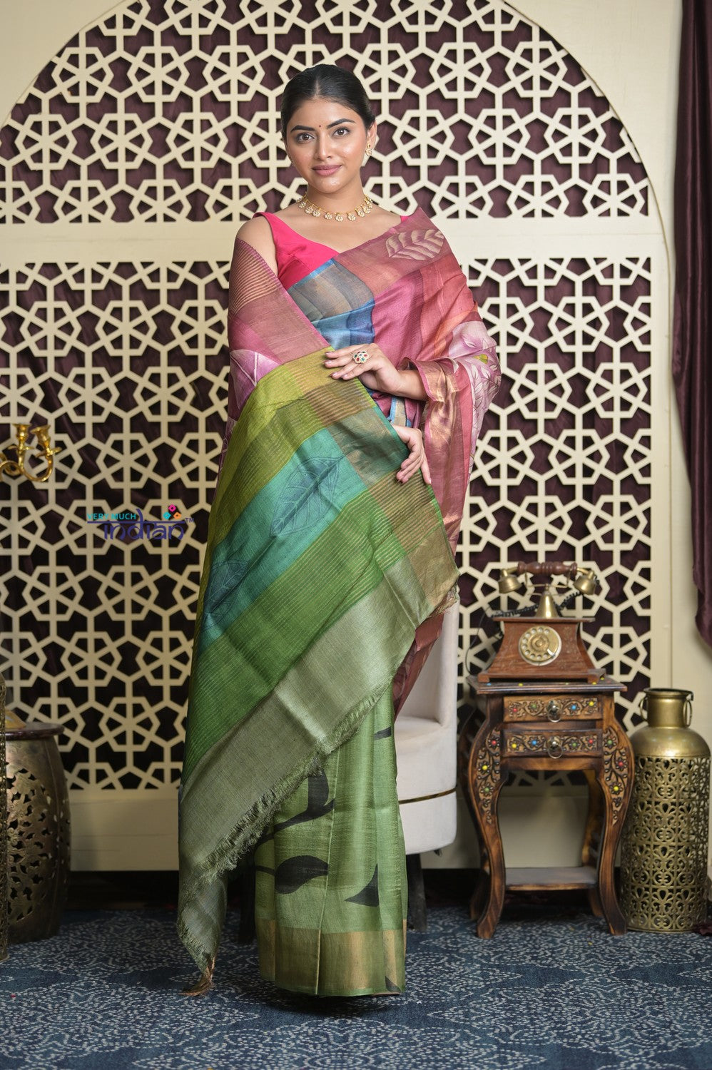 Shubh Lakshmi 2.0~ Handloom Tussar Silk Saree with Handpainted Pallu in Multicolor Pink