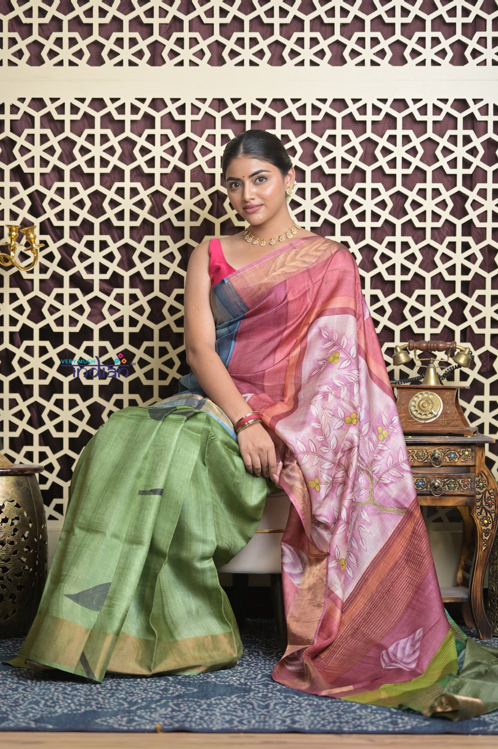 Shubh Lakshmi 2.0~ Handloom Tussar Silk Saree with Handpainted Pallu in Multicolor Pink