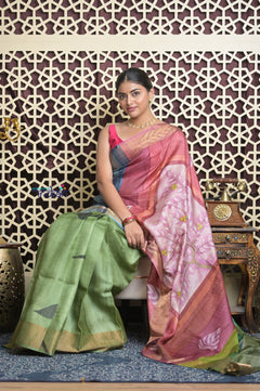 Shubh Lakshmi 2.0~ Handloom Tussar Silk Saree with Handpainted Pallu in Multicolor Pink
