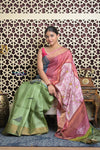 Shubh Lakshmi 2.0~ Handloom Tussar Silk Saree with Handpainted Pallu in Multicolor Pink