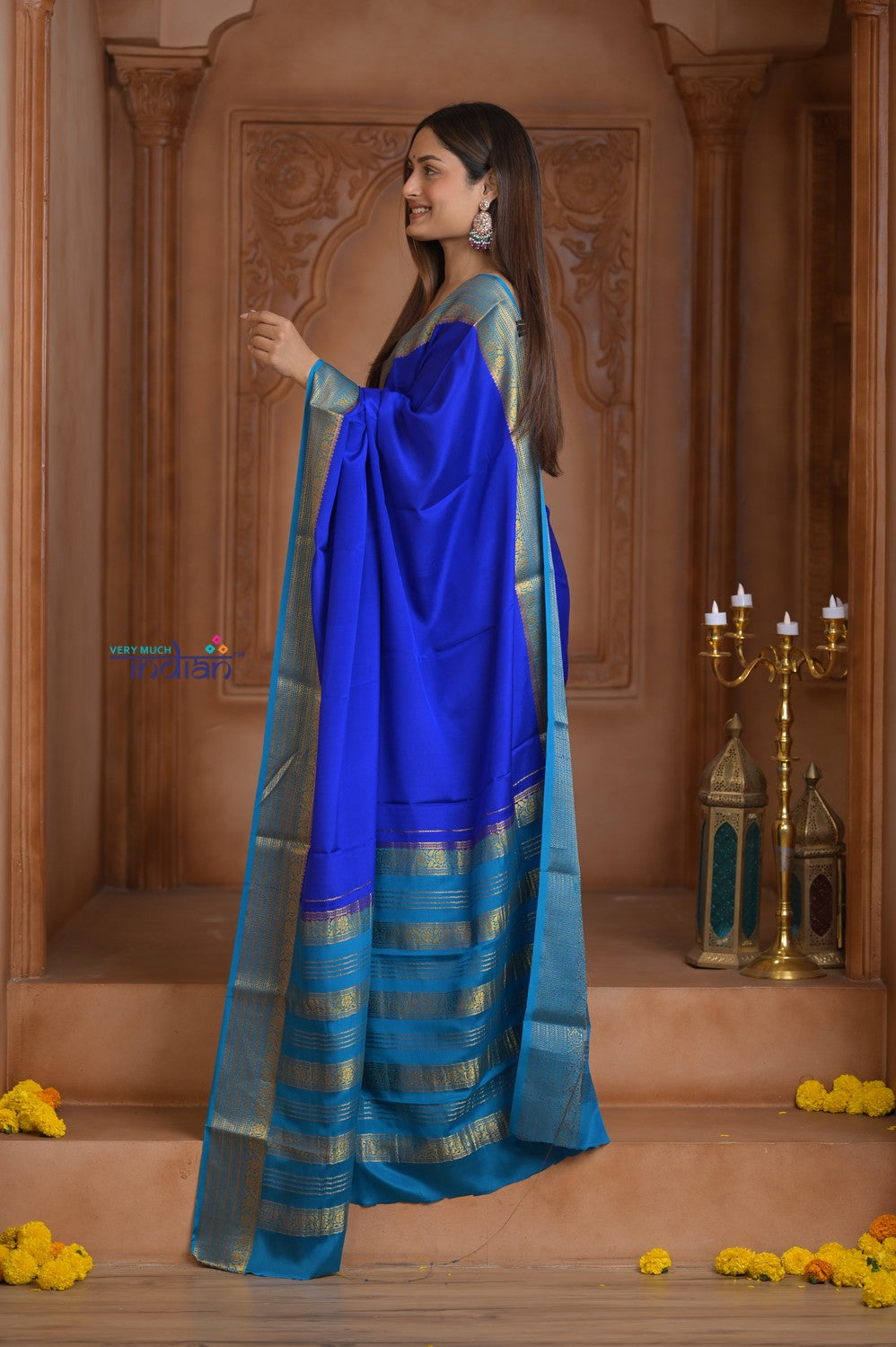 Shubh Lakshmi ~ Handloom Pure Mysore Silk Crepe Saree in Marine Blue (Silk Mark Certified)