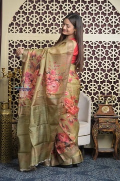 Shubh Lakshmi 2.0 ~ Handloom High Quality Pure Tussar Kota Saree in Pantone Olive (Silk Mark Certified)