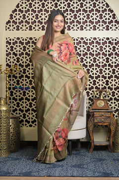 Shubh Lakshmi 2.0 ~ Handloom High Quality Pure Tussar Kota Saree in Pantone Olive (Silk Mark Certified)