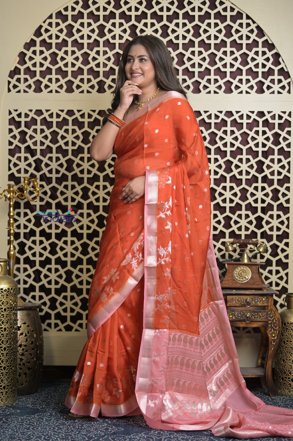 Shubh Lakshmi 2.0 ~ Handloom High Quality Pure Kota Silk Saree in Cerulean Red (Silk Mark Certified)