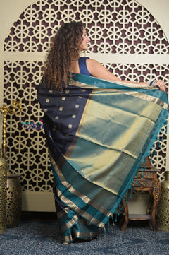 Shubh Lakshmi 2.0 ~ Handloom High Quality Pure Soft Silk Saree in Blue (Silk Mark Certified)