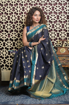Shubh Lakshmi 2.0 ~ Handloom High Quality Pure Soft Silk Saree in Blue (Silk Mark Certified)