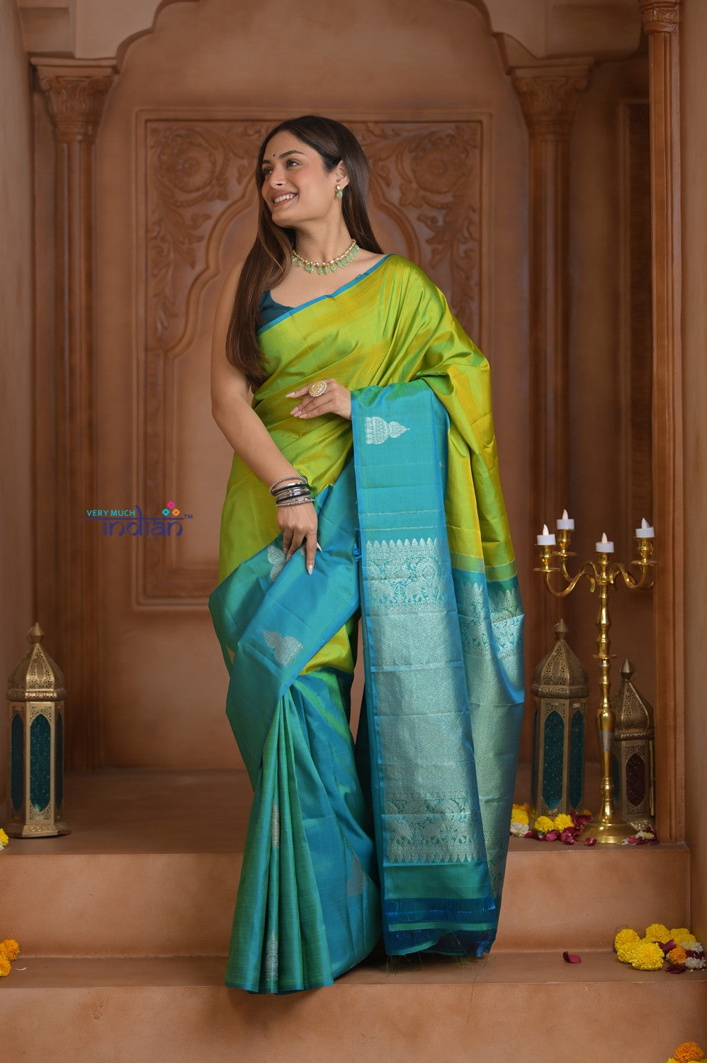 Shubh Lakshmi ~ Handloom High Quality Pure Soft Silk Saree in Lemon Green and Blue (Silk Mark Certified)