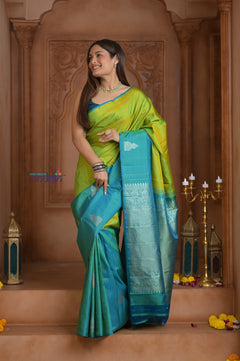 Shubh Lakshmi ~ Handloom High Quality Pure Soft Silk Saree in Lemon Green and Blue (Silk Mark Certified)