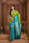 Shubh Lakshmi ~ Handloom High Quality Pure Soft Silk Saree in Lemon Green and Blue (Silk Mark Certified)