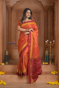 Shubh Lakshmi ~ Handloom High Quality Pure Soft Silk Saree in Orange and Pink (Silk Mark Certified)