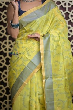 Shubh Lakshmi 2.0 ~ Designer Kora Silk Saree in Lime Yellow and Grey