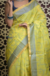 Shubh Lakshmi 2.0 ~ Designer Kora Silk Saree in Lime Yellow and Grey