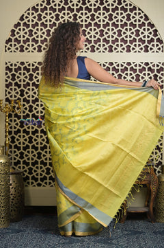 Shubh Lakshmi 2.0 ~ Designer Kora Silk Saree in Lime Yellow and Grey