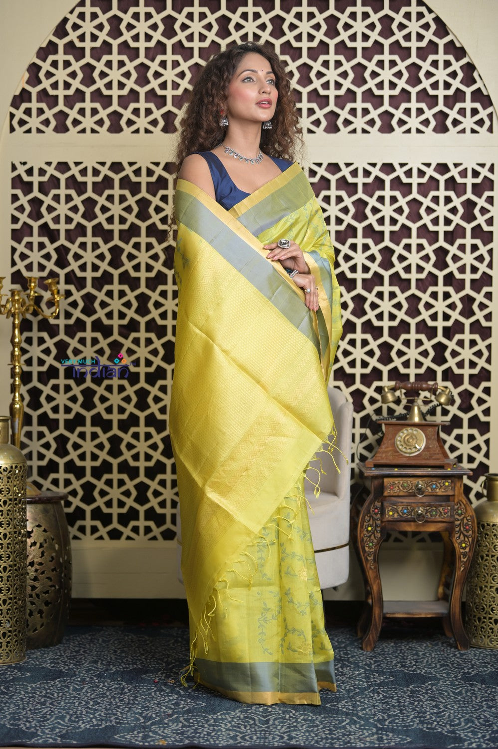 Shubh Lakshmi 2.0 ~ Designer Kora Silk Saree in Lime Yellow and Grey