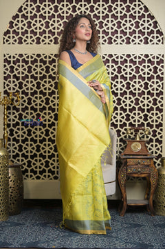 Shubh Lakshmi 2.0 ~ Designer Kora Silk Saree in Lime Yellow and Grey
