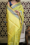 Shubh Lakshmi 2.0 ~ Designer Kora Silk Saree in Lime Yellow and Grey