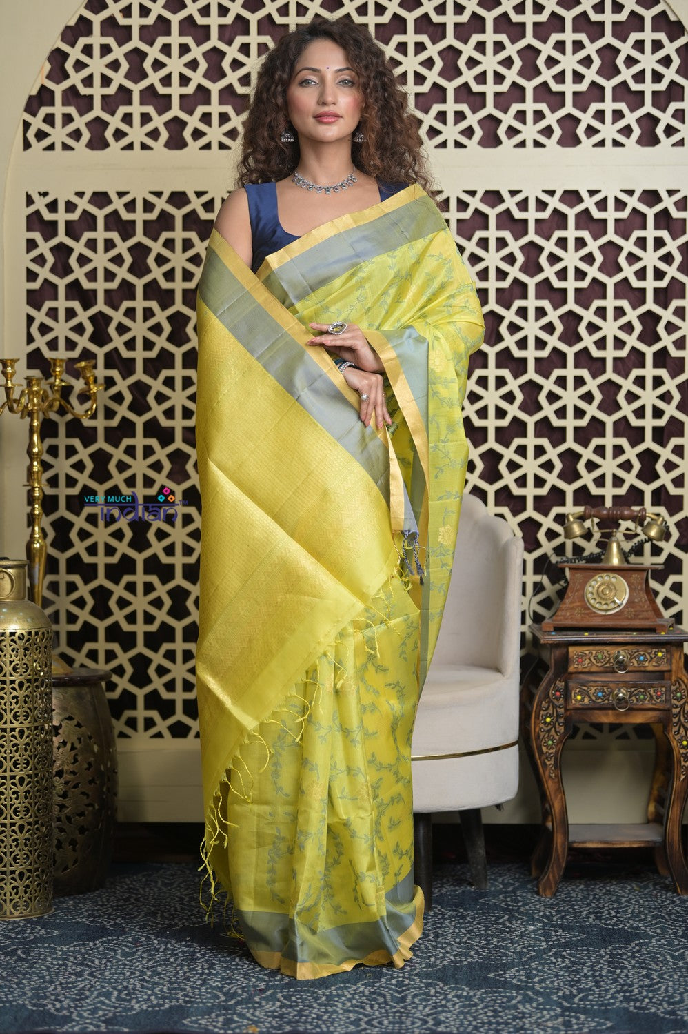 Shubh Lakshmi 2.0 ~ Designer Kora Silk Saree in Lime Yellow and Grey