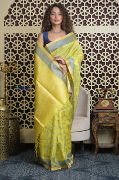 Shubh Lakshmi 2.0 ~ Designer Kora Silk Saree in Lime Yellow and Grey