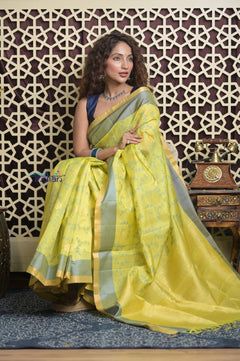 Shubh Lakshmi 2.0 ~ Designer Kora Silk Saree in Lime Yellow and Grey