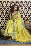 Shubh Lakshmi 2.0 ~ Designer Kora Silk Saree in Lime Yellow and Grey