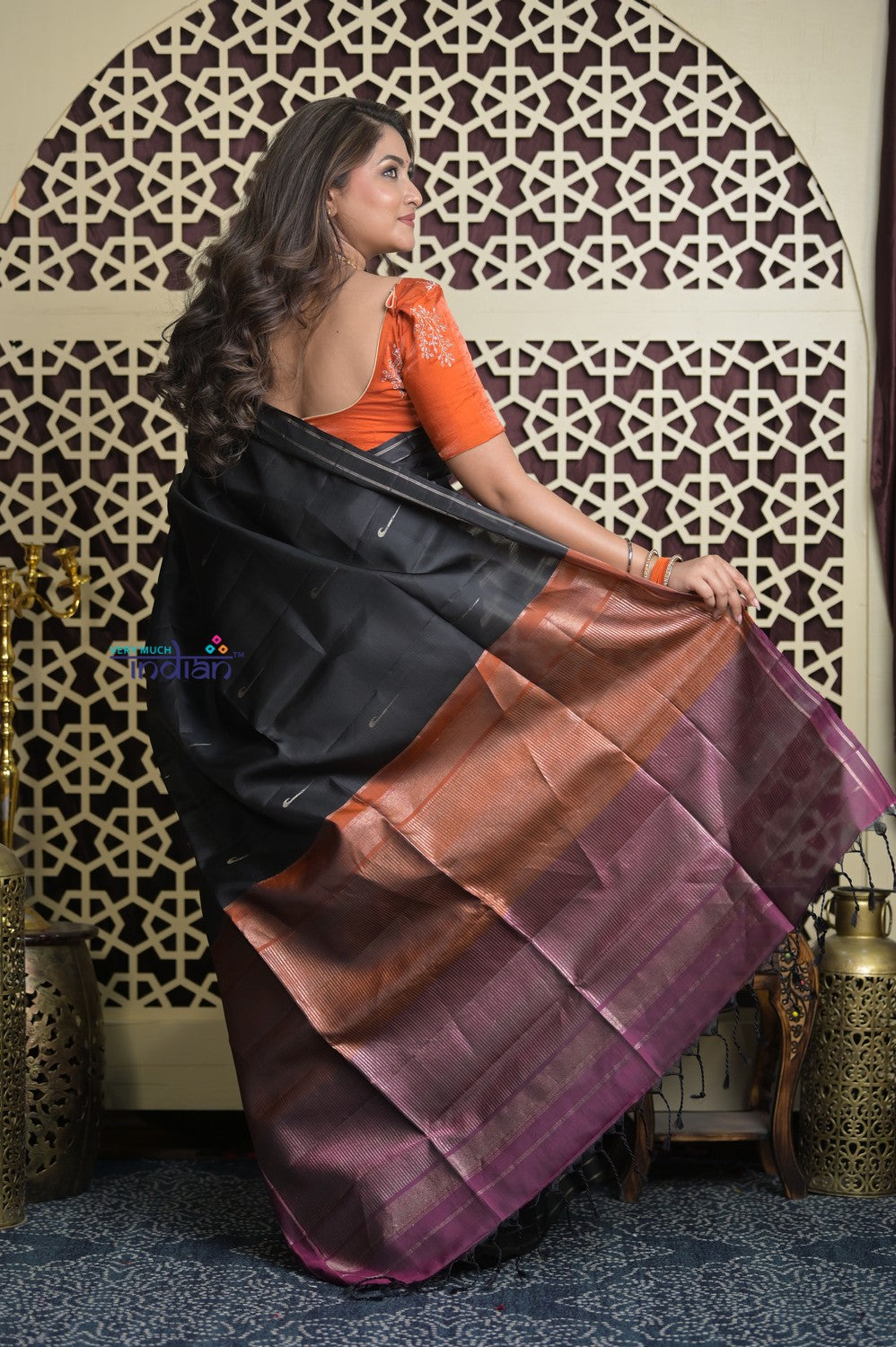 Shubh Lakshmi 2.0 ~ Handloom High Quality Pure Silk Saree in Black and Orange (Silk Mark Certified)