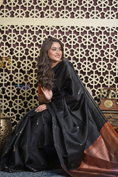 Shubh Lakshmi 2.0 ~ Handloom High Quality Pure Silk Saree in Black and Orange (Silk Mark Certified)