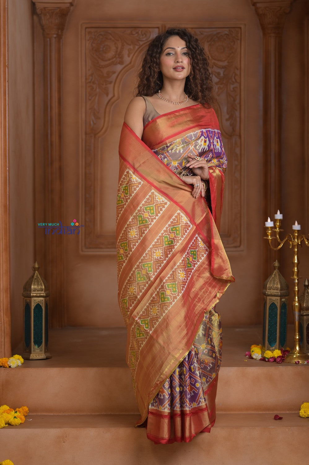 Shubh Lakshmi ~ Handloom Pure Silk Ikkat Tissue Patola Saree in Purple and Red (Silk Mark Certified)