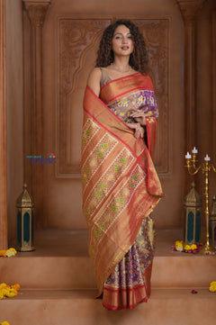 Shubh Lakshmi ~ Handloom Pure Silk Ikkat Tissue Patola Saree in Purple and Red (Silk Mark Certified)