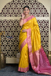 Shubh Lakshmi 2.0 ~ Handloom High Quality Pure Katan Silk Saree in Yellow Rose and Pink (Silk Mark Certified)