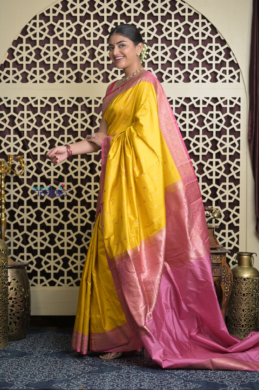 Shubh Lakshmi 2.0 ~ Handloom High Quality Pure Katan Silk Saree in Yellow Rose and Pink (Silk Mark Certified)