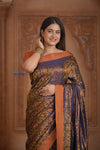 Shubh Lakshmi ~ Handloom Pure Silk Pahmina Saree in Dark Blue with Orange (Silk Mark Certified)